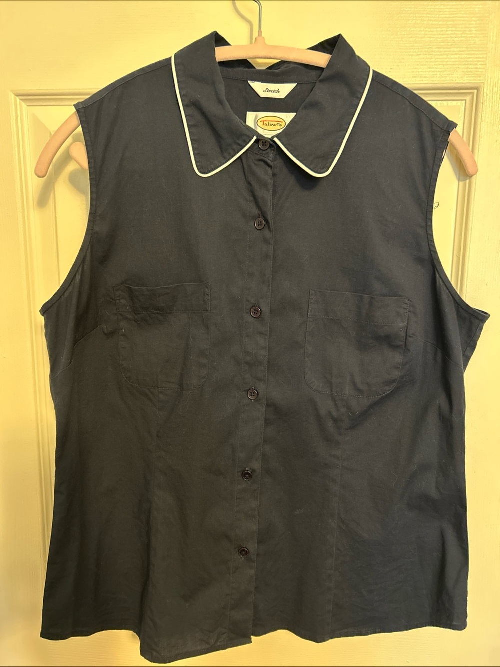 Talbots Navy Medium Sleeveless Button-Front Top with Contrast Piping and Collar